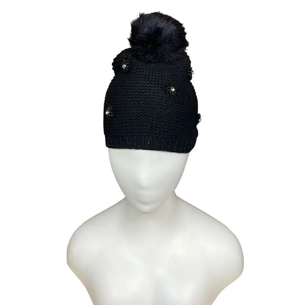 Neiman Marcus Hat Pom Pom Beanie Black Floral Embellished Bling Women One Size